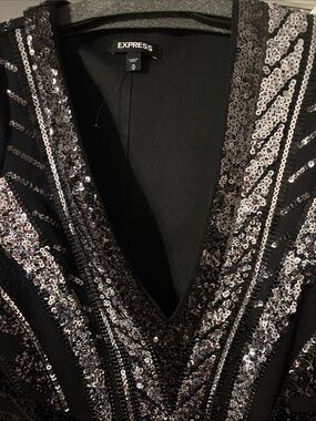Express Black Sequin low v short dress